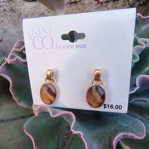 Nine & CO. By Nine West Gold Tone Brown Stone Oval Dangle Earrings Minimalist